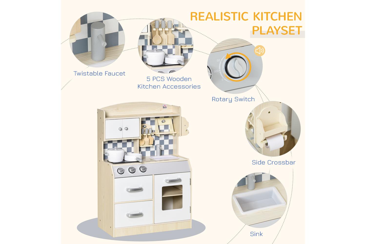 Homcom 350-107 Kids Wooden Kitchen Playset | Nature Wood/White-4