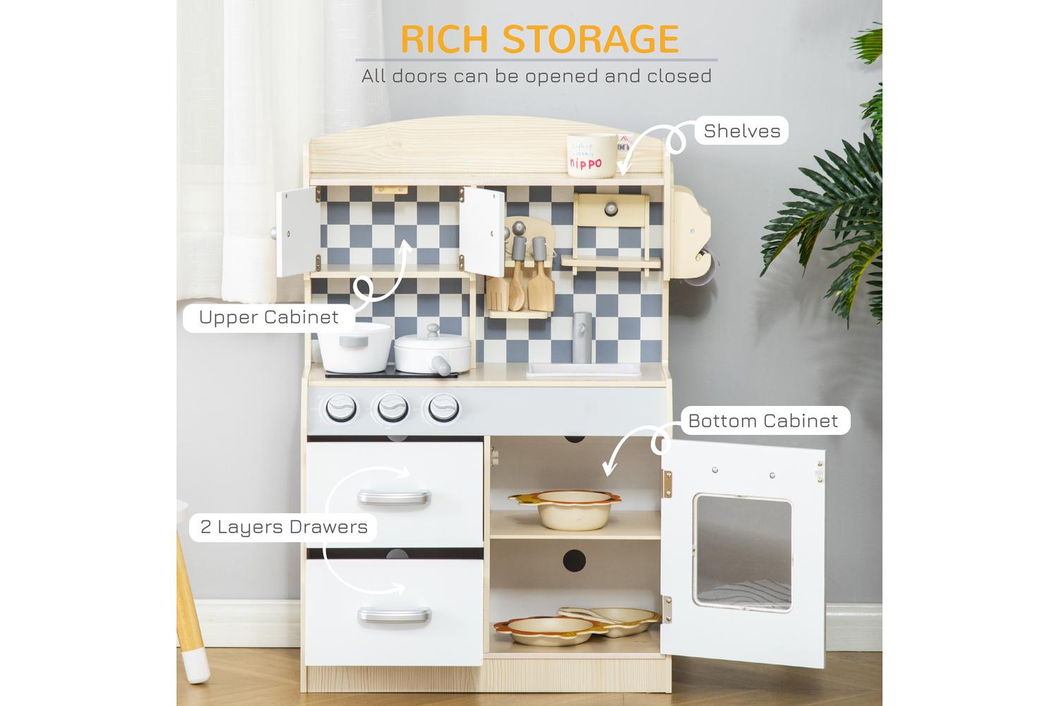 Homcom 350-107 Kids Wooden Kitchen Playset | Nature Wood/White-5