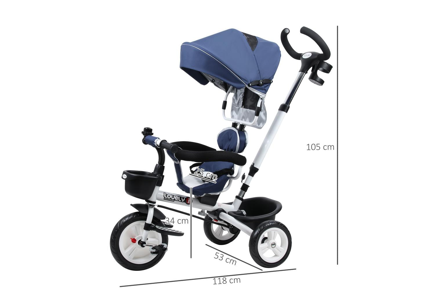 Homcom 370-061BU Kids Tricycle Stroller | Canopy Blue-2