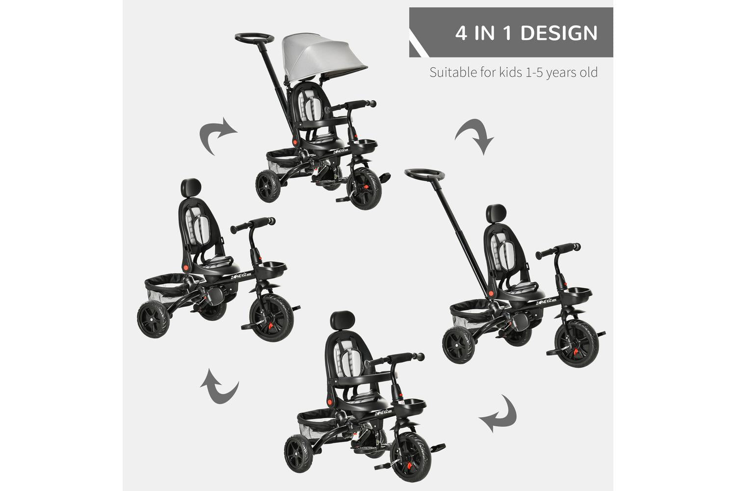 Homcom 370-198GY Kids Tricycle Stroller | Grey-3