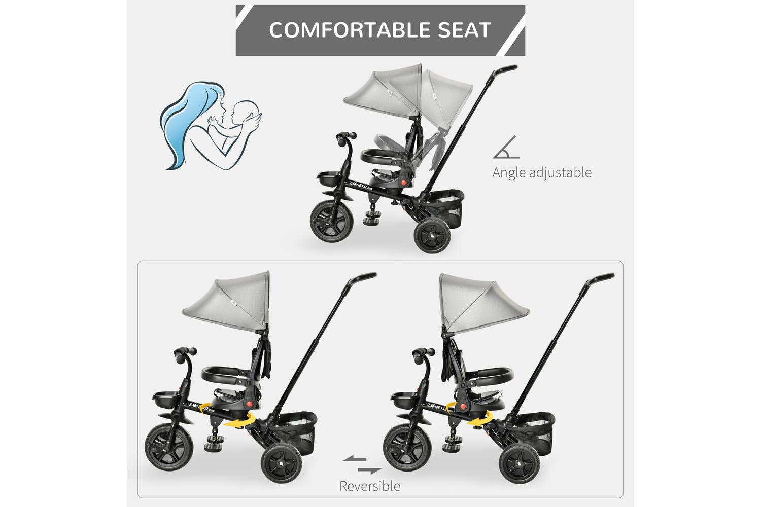 Homcom 370-198GY Kids Tricycle Stroller | Grey-5