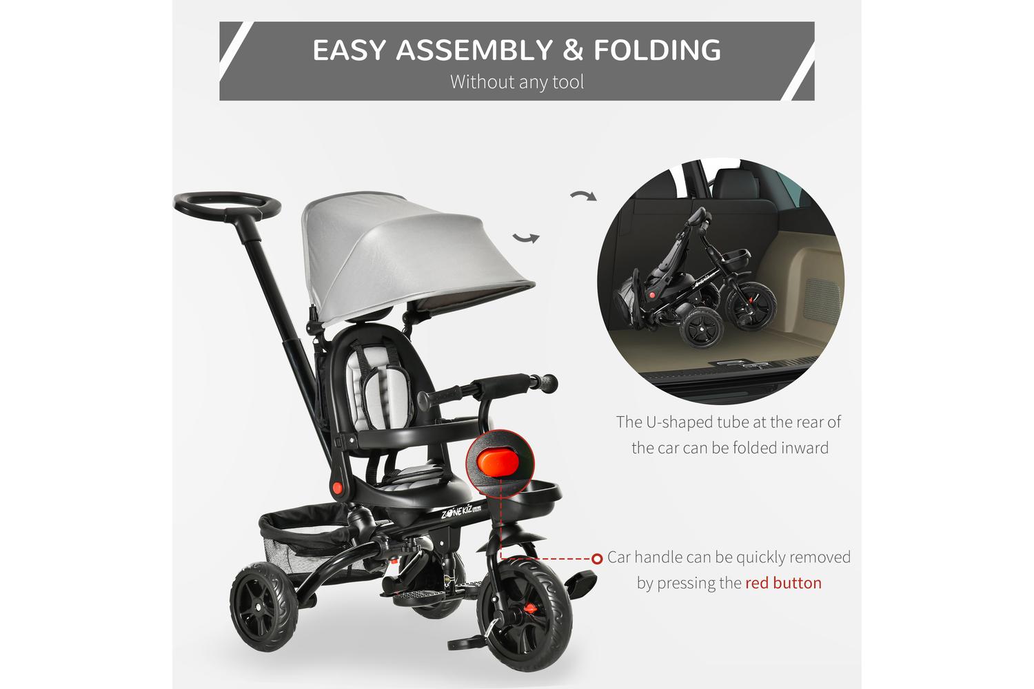 Homcom 370-198GY Kids Tricycle Stroller | Grey-7