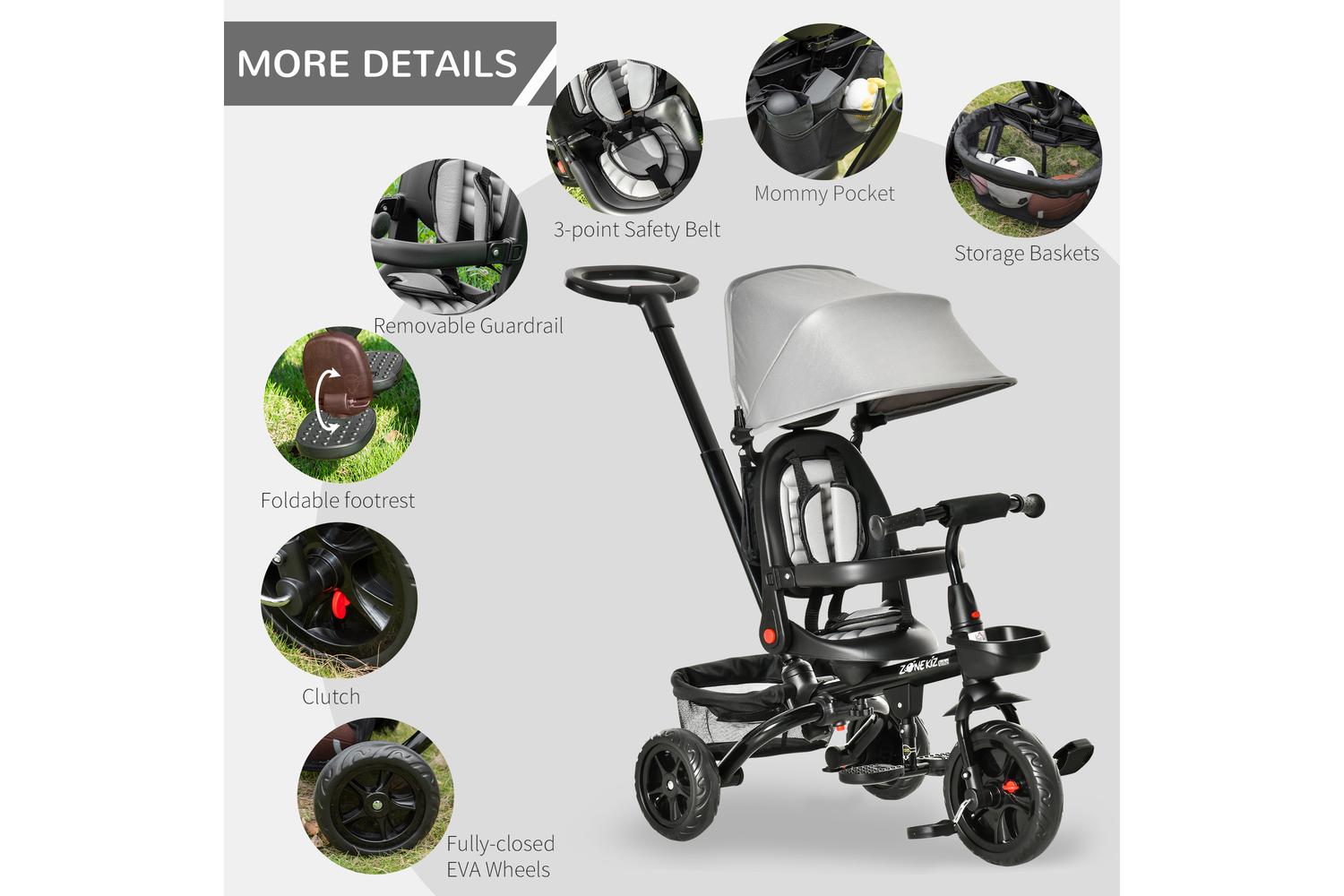 Homcom 370-198GY Kids Tricycle Stroller | Grey-8