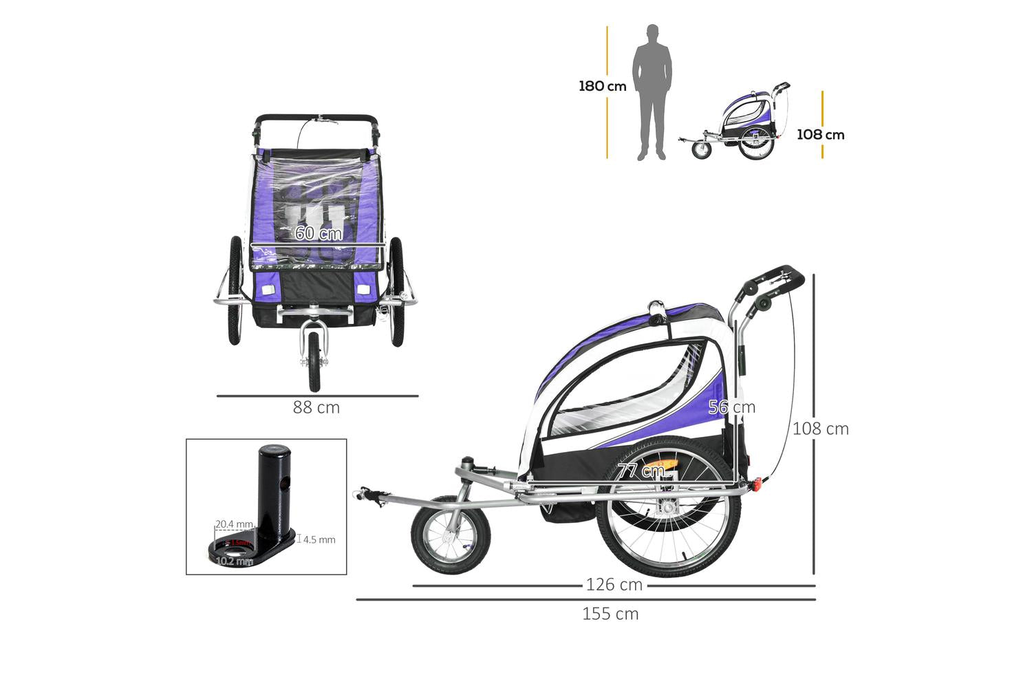 Homcom 440-001VT Steel Frame Children's 2-Seater Jogger Trailer | Purple-2