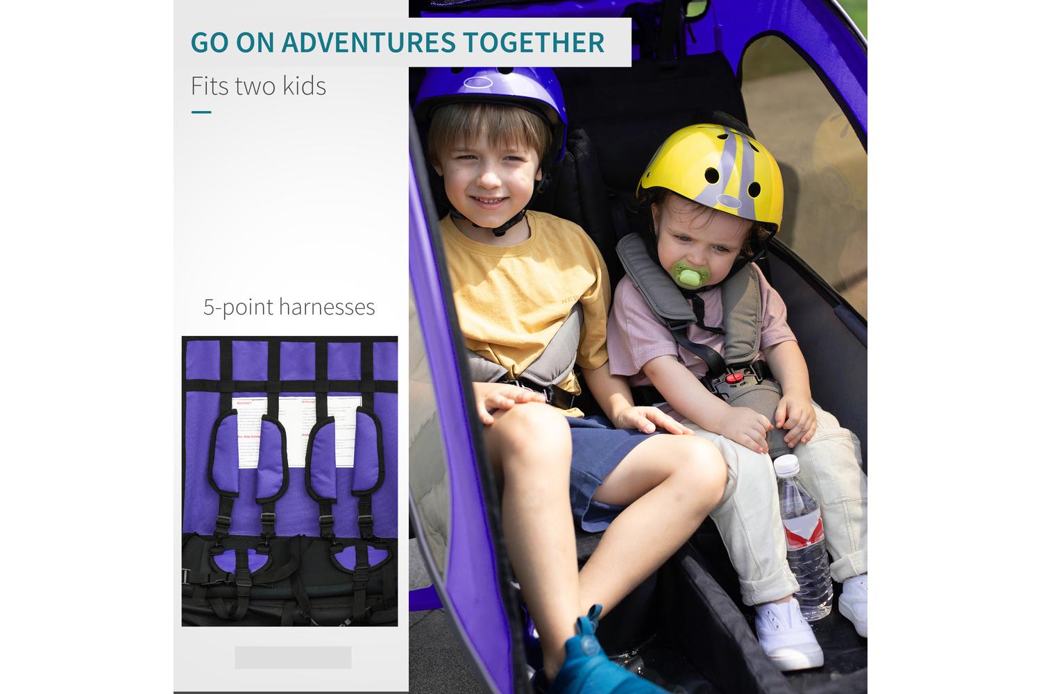 Homcom 440-001VT Steel Frame Children's 2-Seater Jogger Trailer | Purple-4