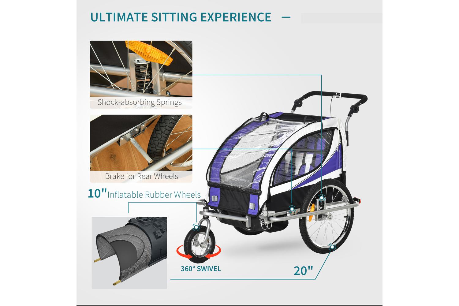 Homcom 440-001VT Steel Frame Children's 2-Seater Jogger Trailer | Purple-5