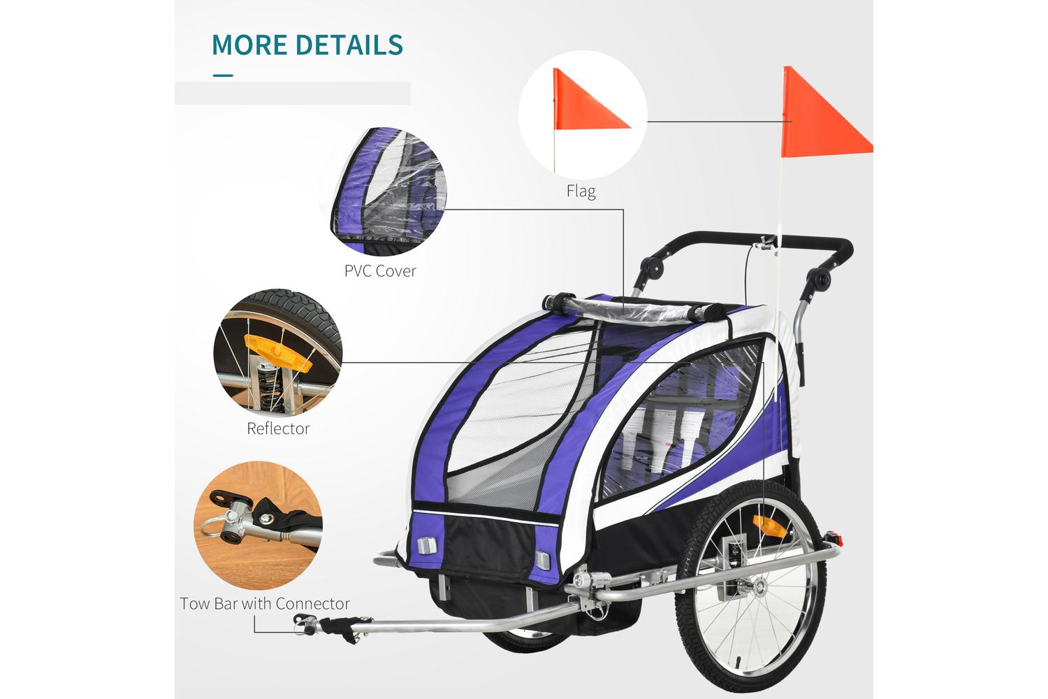 Homcom 440-001VT Steel Frame Children's 2-Seater Jogger Trailer | Purple-7