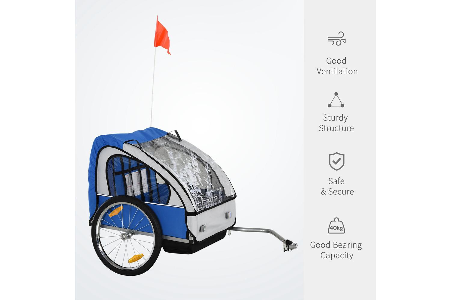 Homcom 4440-008BU Steel Frame Children's 2-Seater Bicycle Trailer | Blue-3