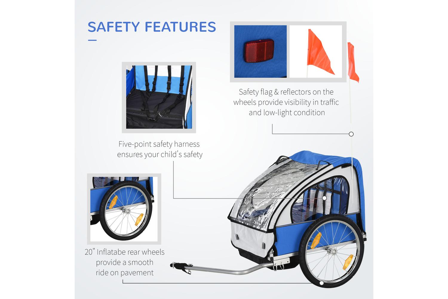 Homcom 4440-008BU Steel Frame Children's 2-Seater Bicycle Trailer | Blue-4