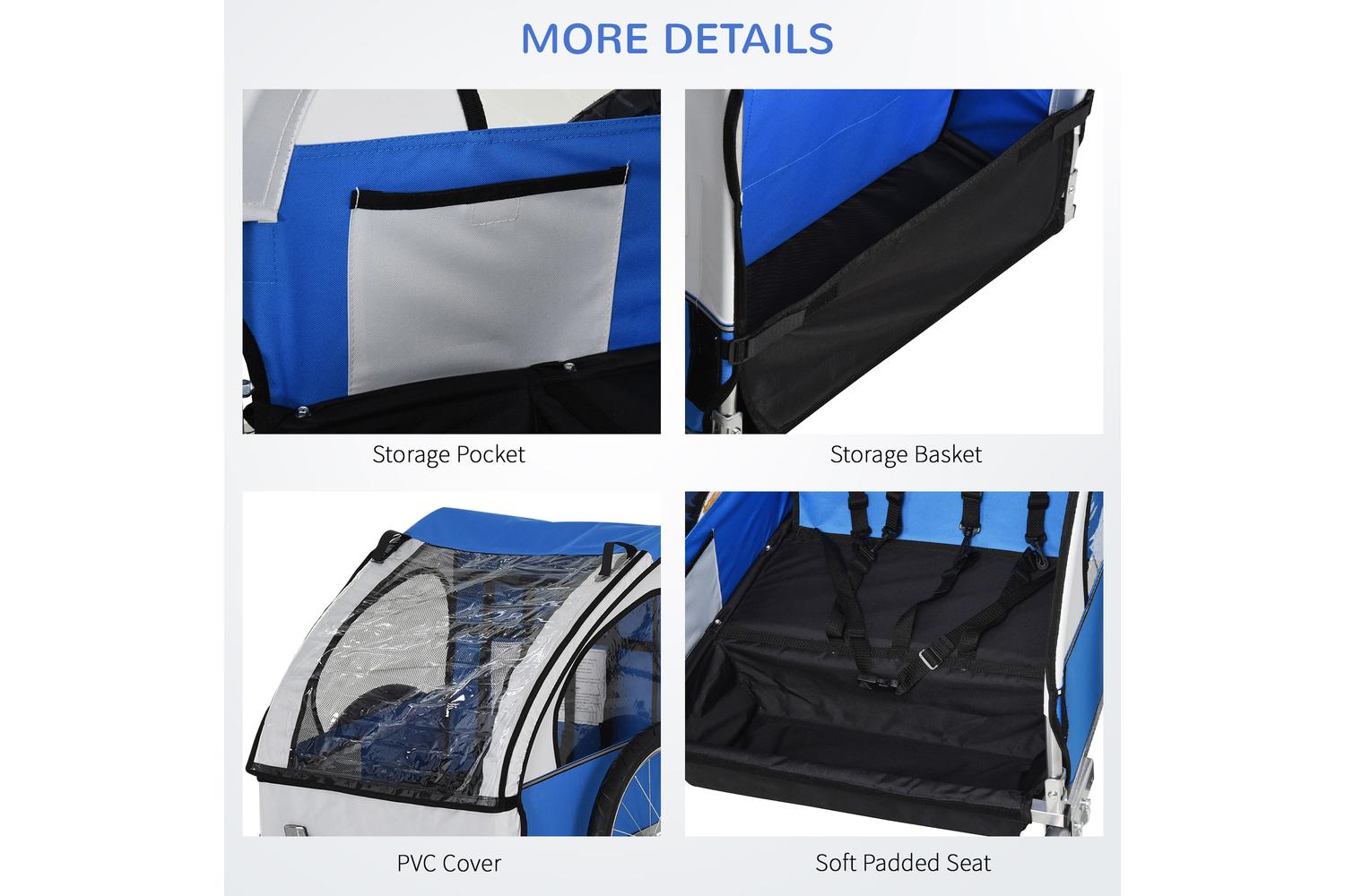 Homcom 4440-008BU Steel Frame Children's 2-Seater Bicycle Trailer | Blue-5