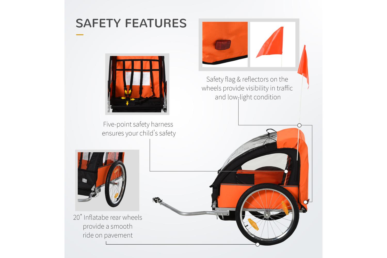 Homcom 440-008OG Childrens Double Bike Trailer | Orange-3