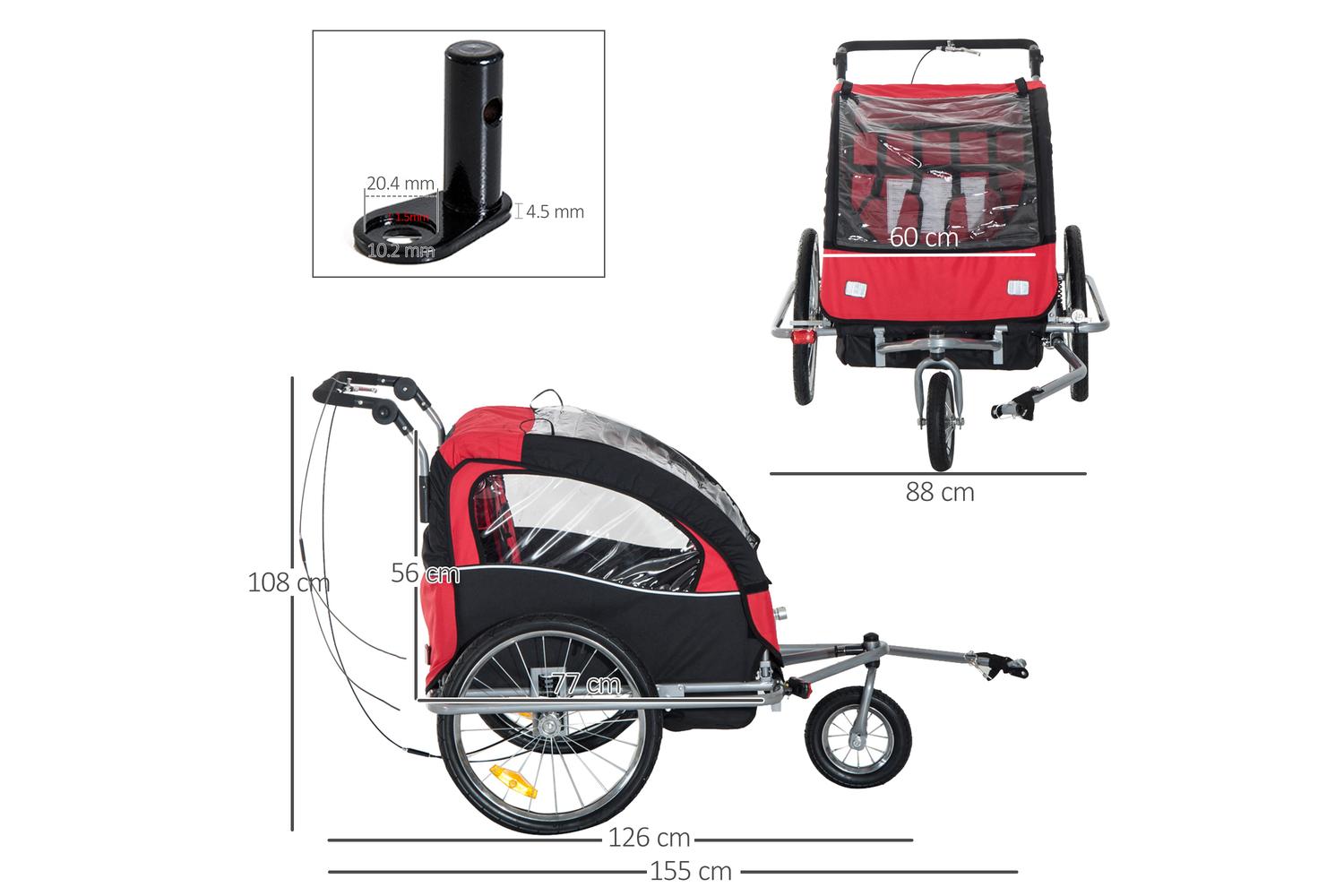 Homcom 5664-0101RB Child 2-Seater Bike Trailer | Black & Red-2