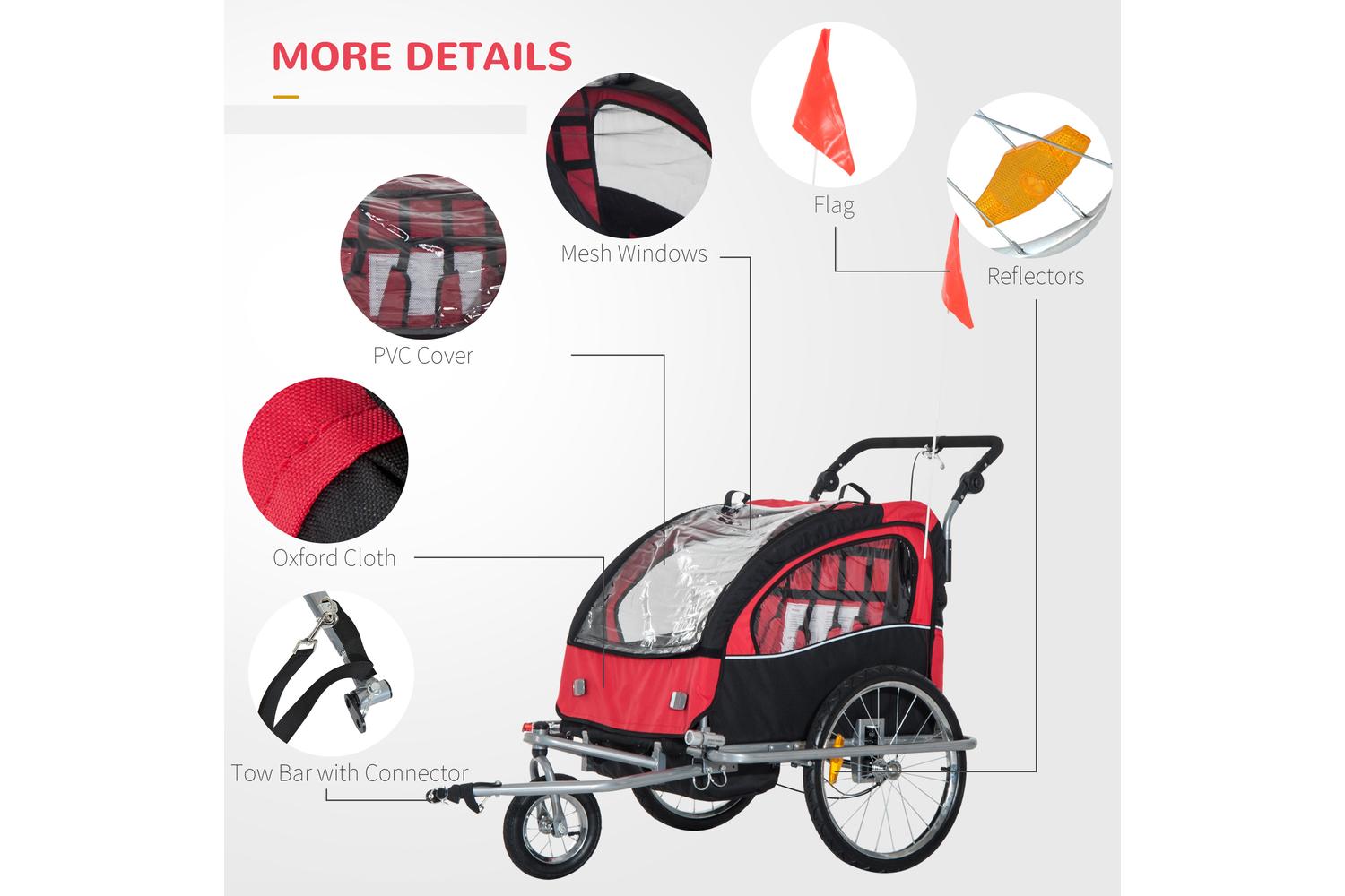 Homcom 5664-0101RB Child 2-Seater Bike Trailer | Black & Red-5