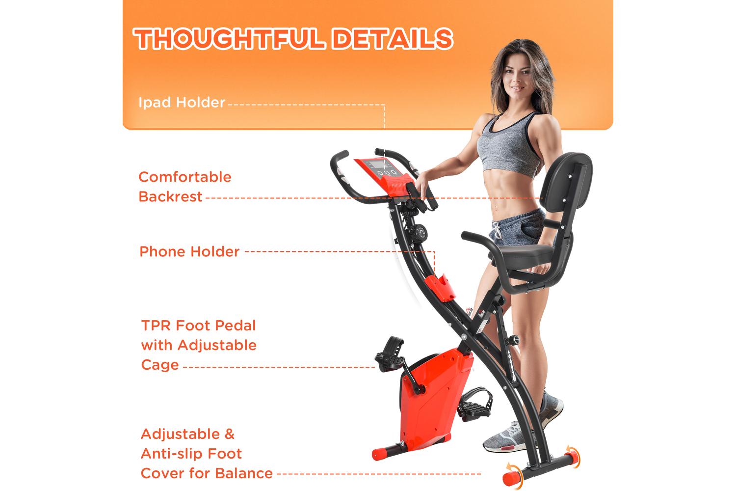 Homcom A90-196RD 2-in-1 Foldable Exercise Bike with Pulse Sensor LCD Display | Red-9