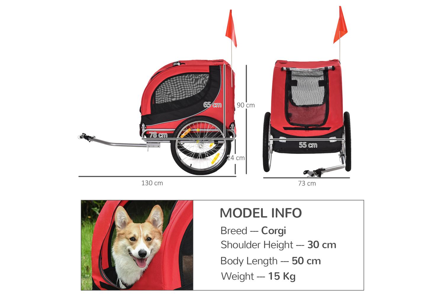 PawHut B4-0003-007 Folding Bicycle Pet Trailer with Removable Cover | Black/Red-2
