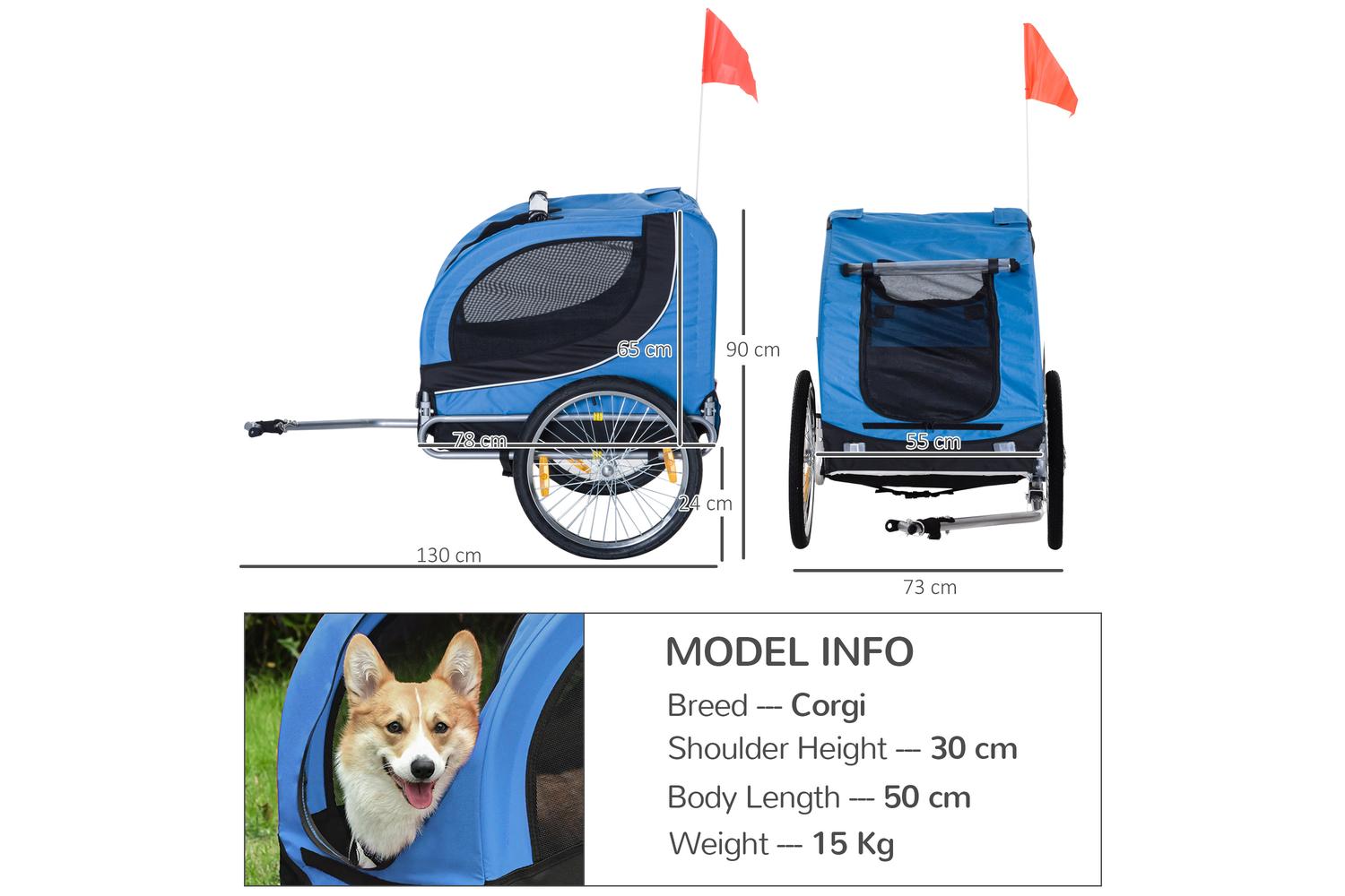 PawHut B4-0003-008 Folding Bicycle Pet Trailer with Removable Cover | Black/Blue-2