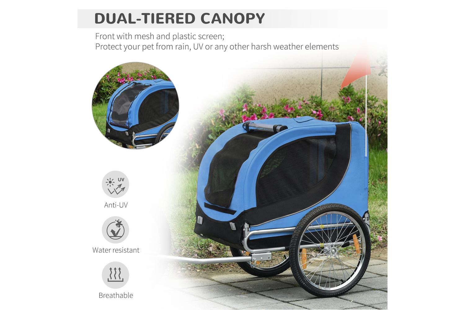 PawHut B4-0003-008 Folding Bicycle Pet Trailer with Removable Cover | Black/Blue-7