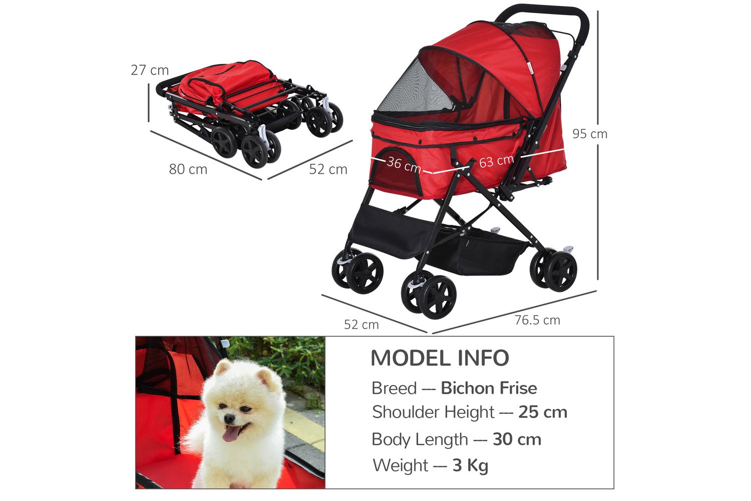 PawHut D00-126RD Foldable Travel Pet Stroller | Red-2