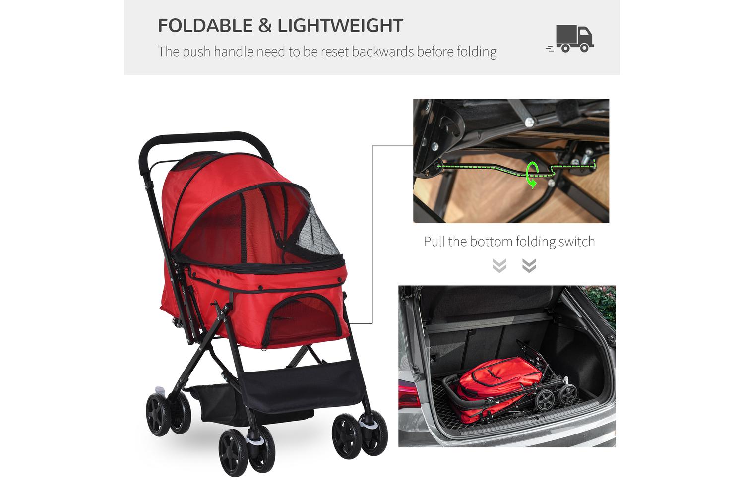 PawHut D00-126RD Foldable Travel Pet Stroller | Red-4
