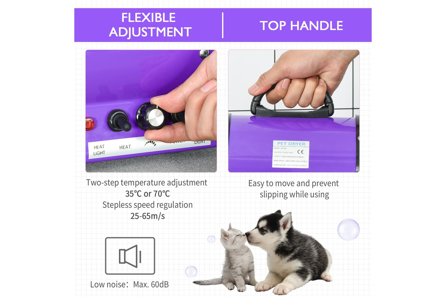 PawHut D01-021V70 2800W Dog Hair Dryer Pet Grooming Blaster | Purple-3