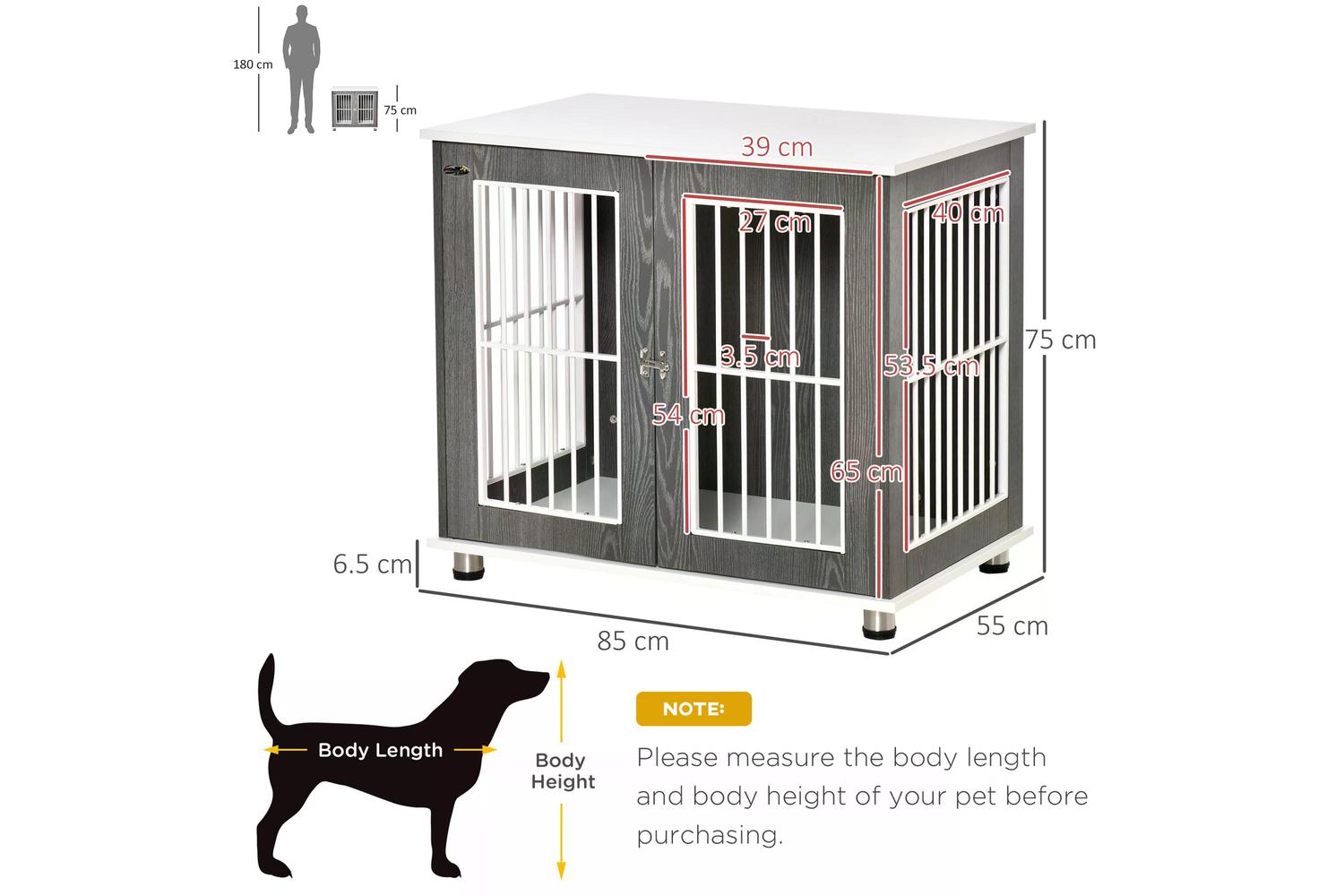 PawHut D02-076 Wooden Dog Crate Kennel | Grey & White-2