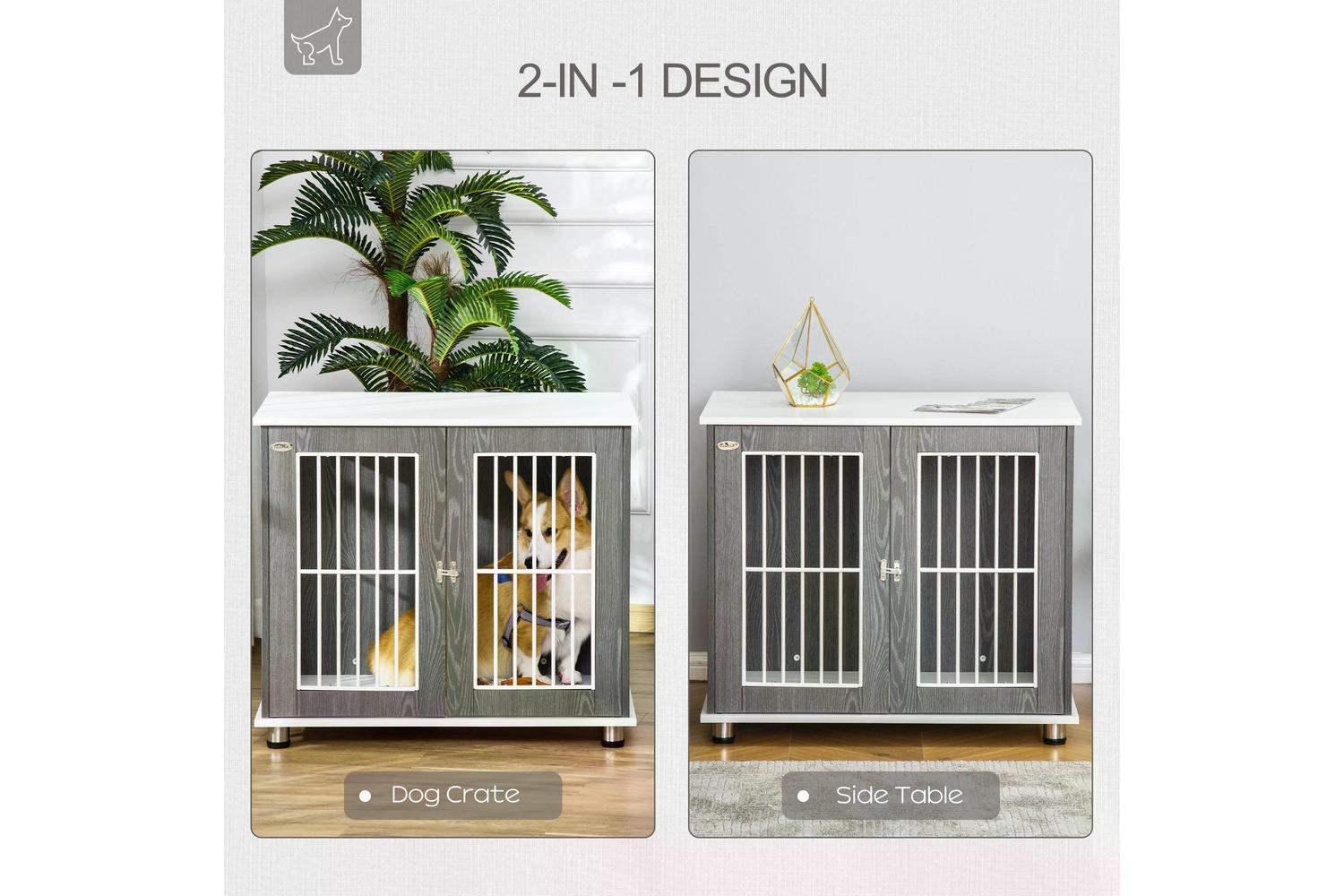 PawHut D02-076 Wooden Dog Crate Kennel | Grey & White-3