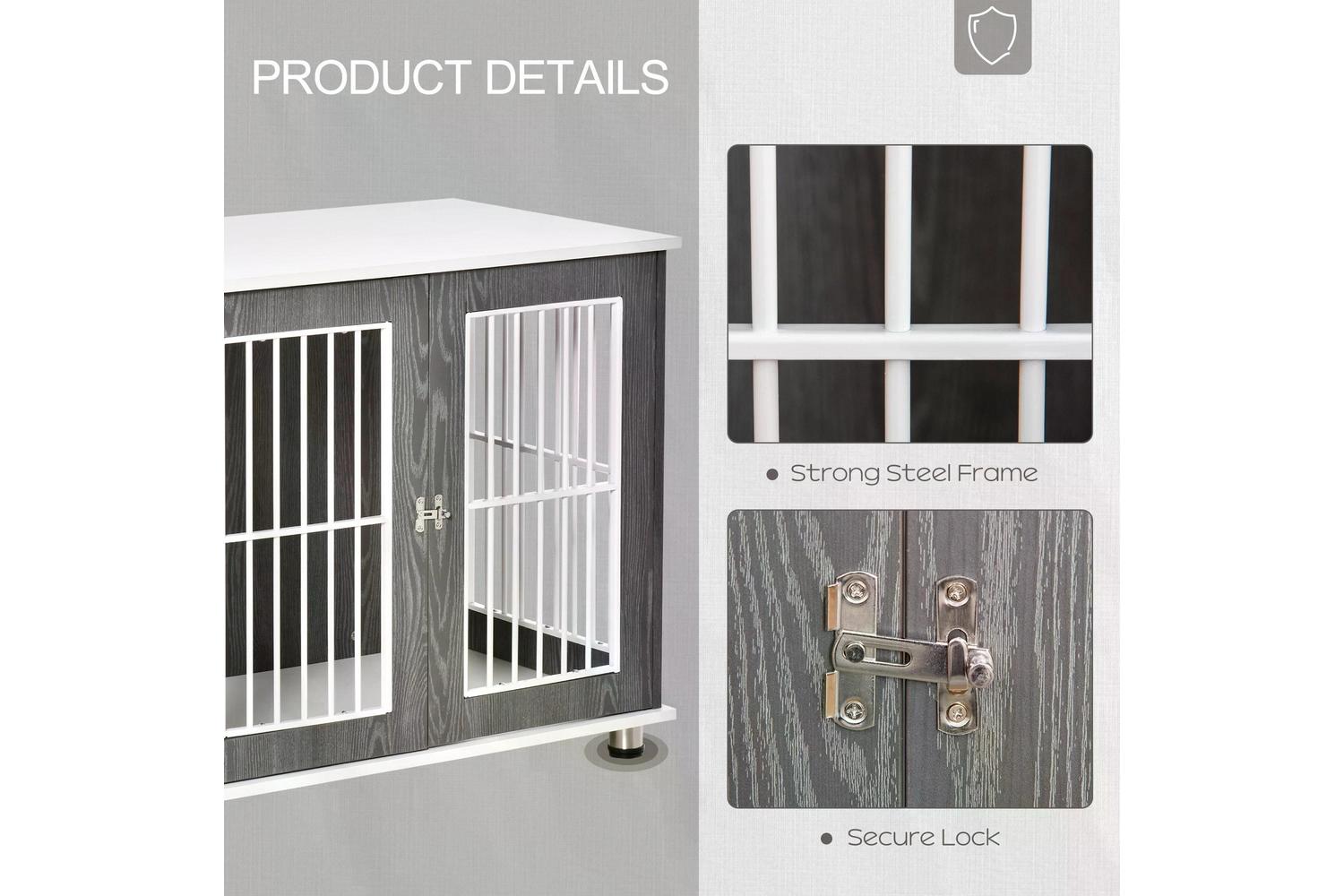 PawHut D02-076 Wooden Dog Crate Kennel | Grey & White-4