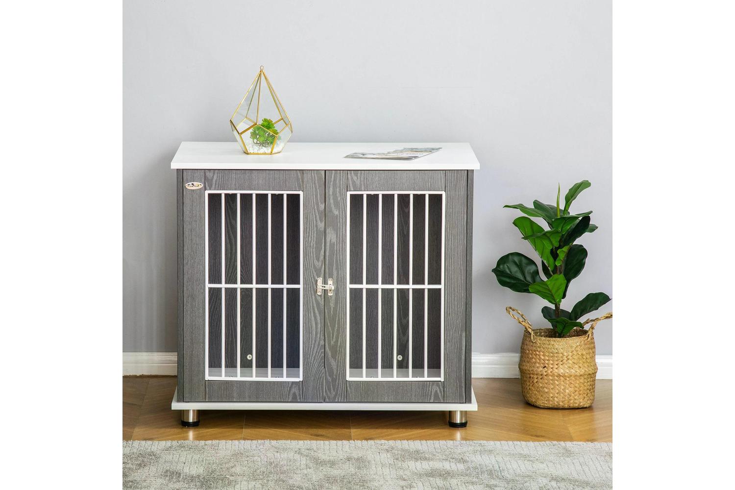 PawHut D02-076 Wooden Dog Crate Kennel | Grey & White-7