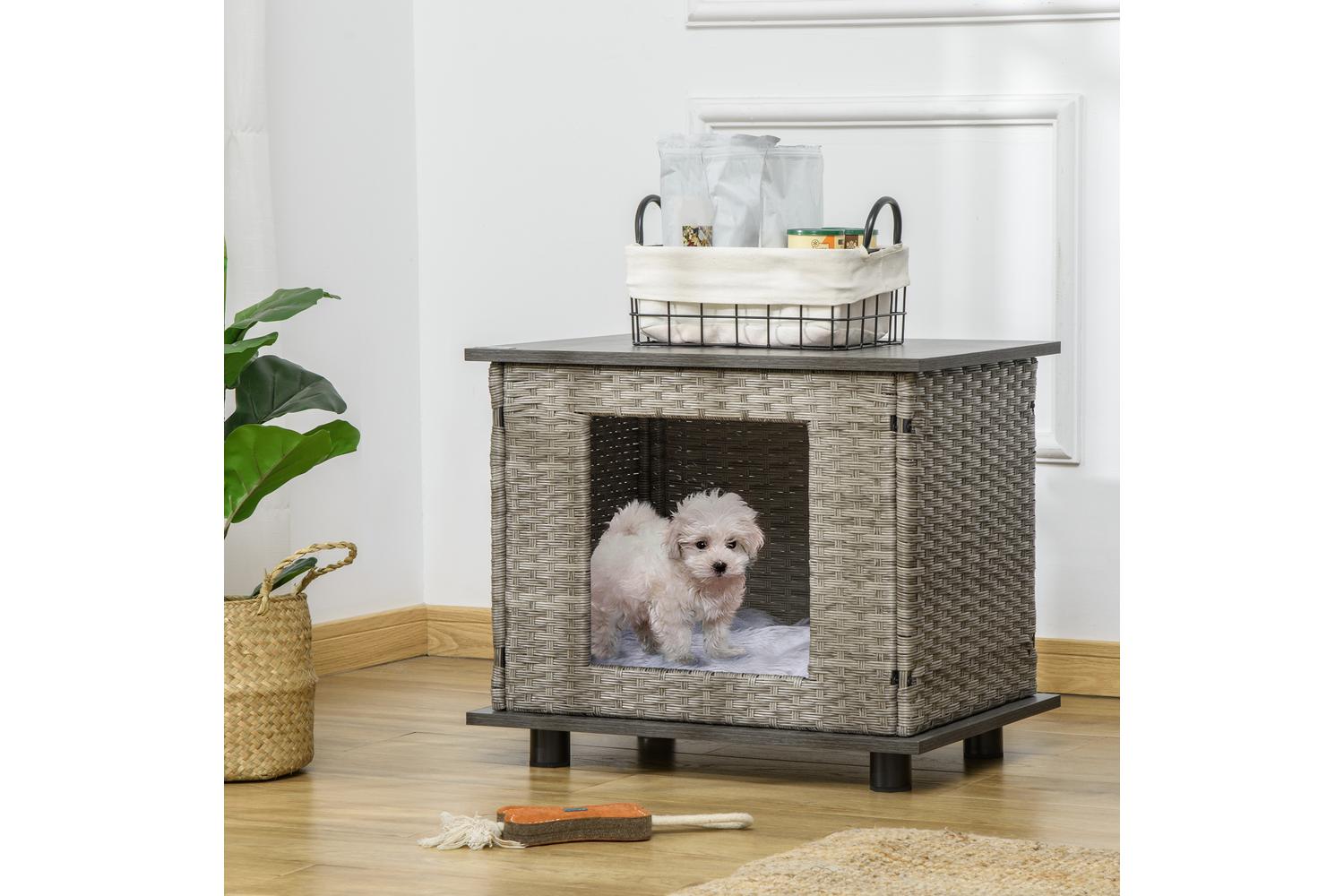 PawHut D02-107V70GY Wicker Dog House with Rattan Pet Bed | Grey