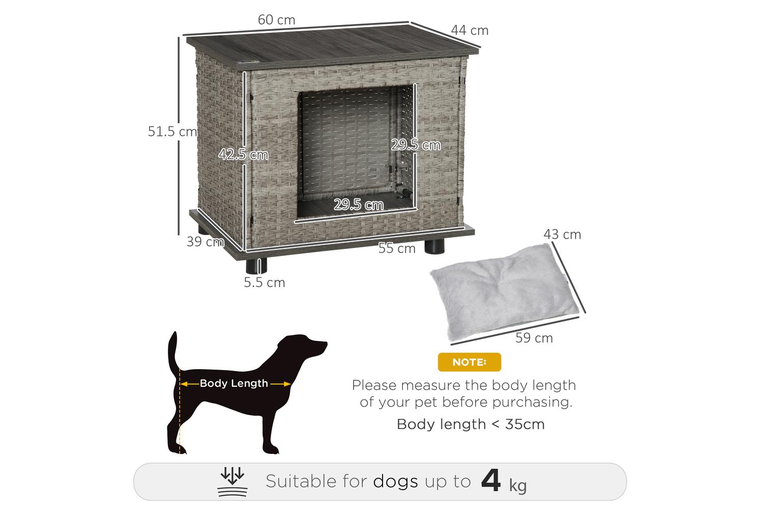 PawHut D02-107V70GY Wicker Dog House with Rattan Pet Bed | Grey-2