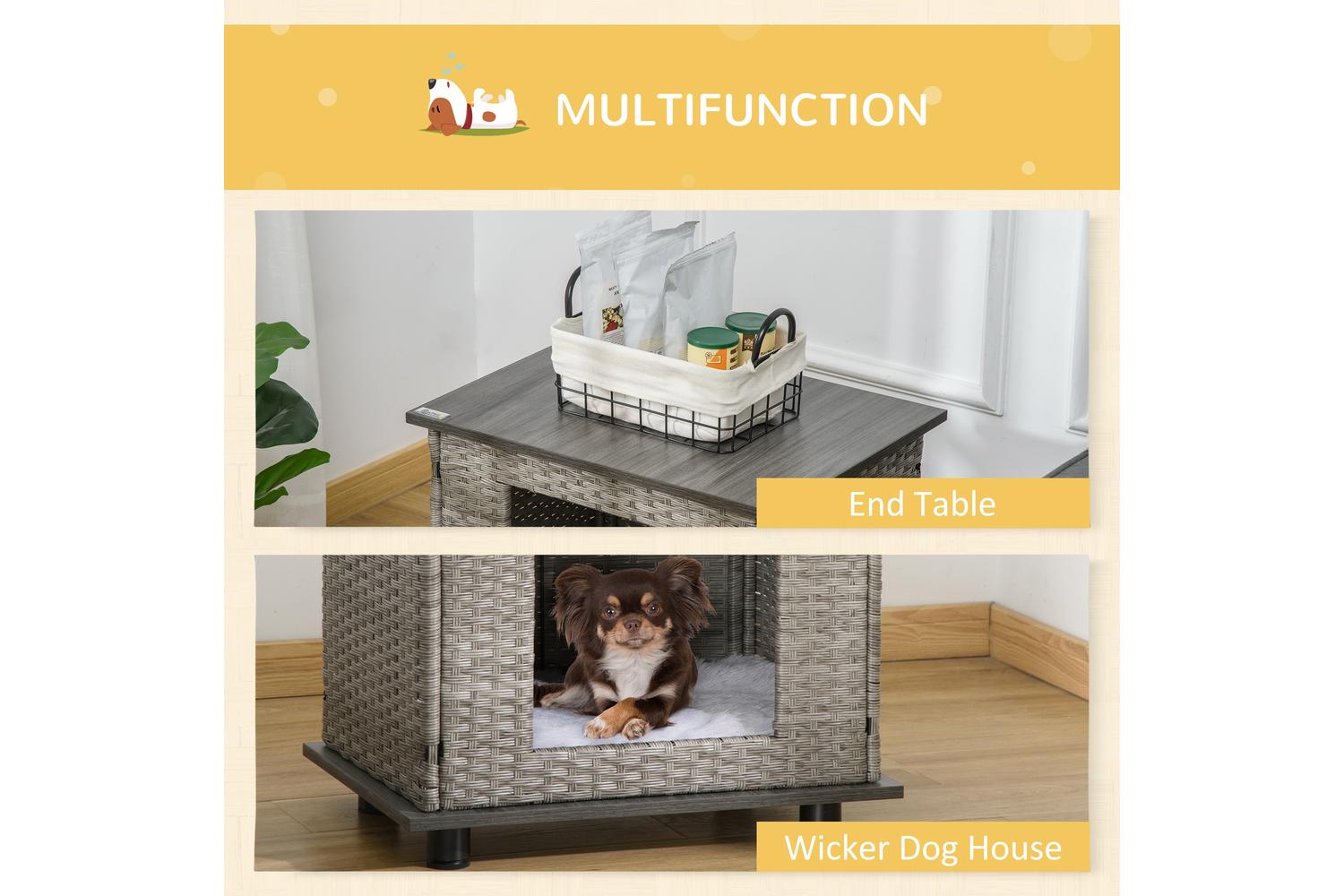 PawHut D02-107V70GY Wicker Dog House with Rattan Pet Bed | Grey-3