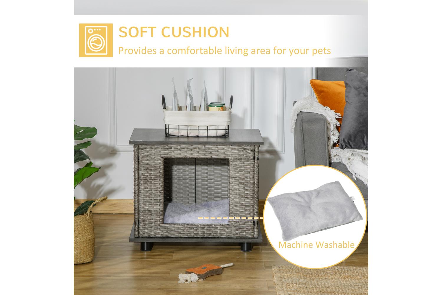 PawHut D02-107V70GY Wicker Dog House with Rattan Pet Bed | Grey-5