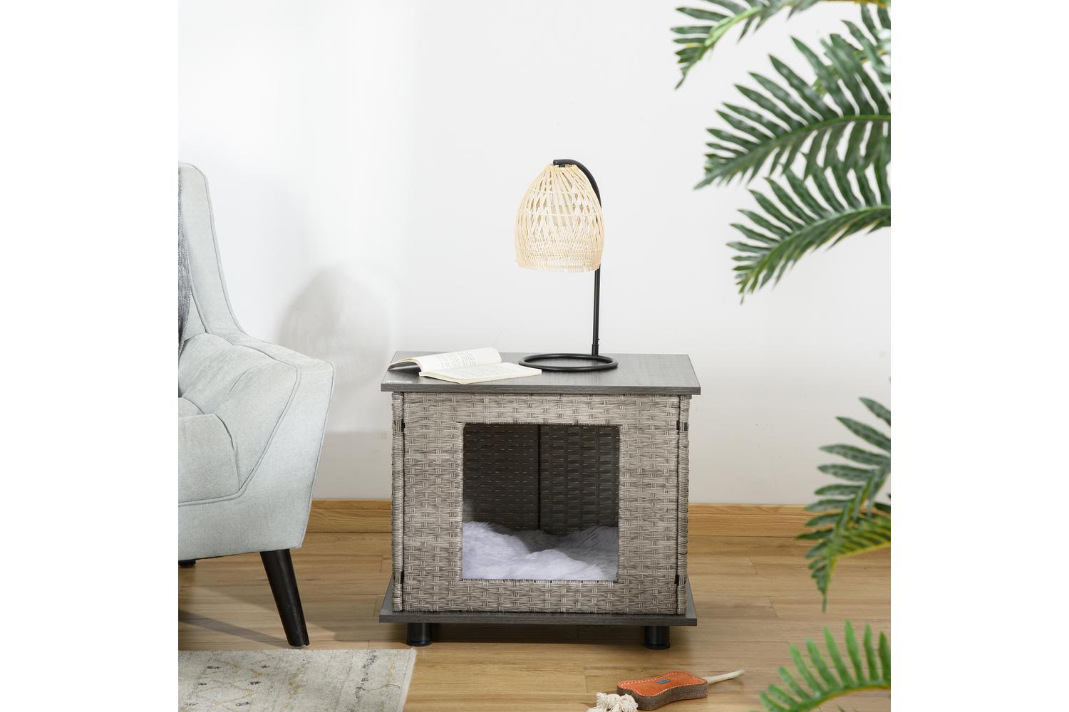 PawHut D02-107V70GY Wicker Dog House with Rattan Pet Bed | Grey-8