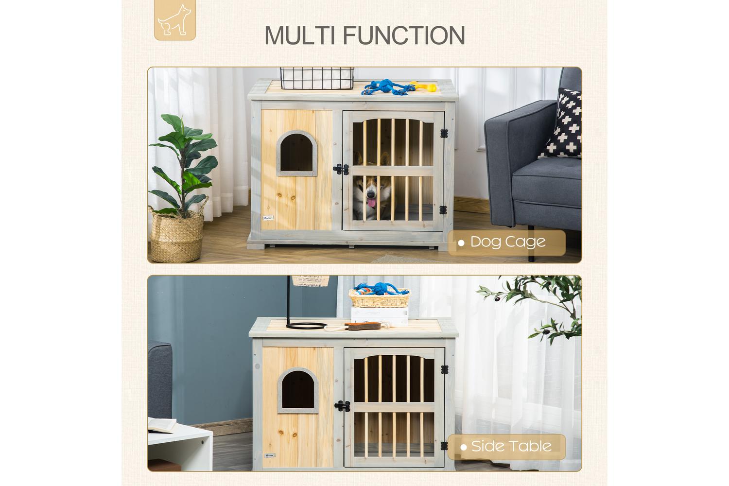 PawHut D02-114 Wooden Dog Crate Kennel  for Small, Medium Dogs | Grey & Natural-3