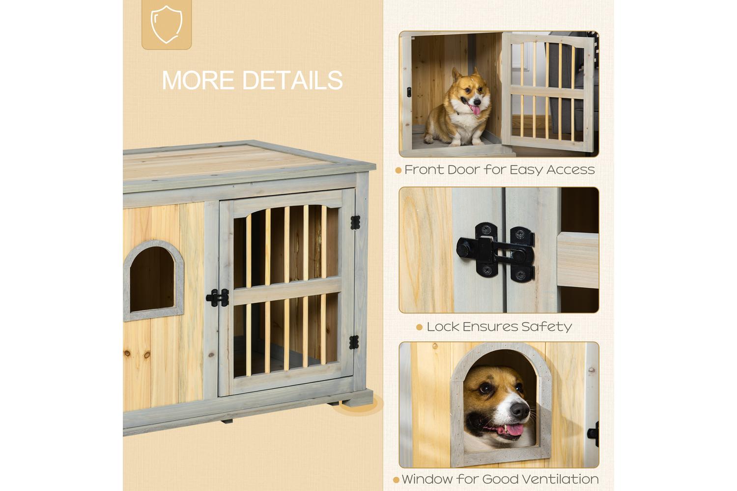 PawHut D02-114 Wooden Dog Crate Kennel  for Small, Medium Dogs | Grey & Natural-4