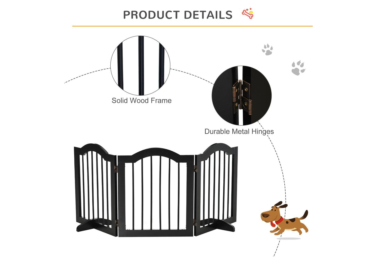 PawHut D06-048V01BK Freestanding Wood 3 Panels Dog Gate | Black-5