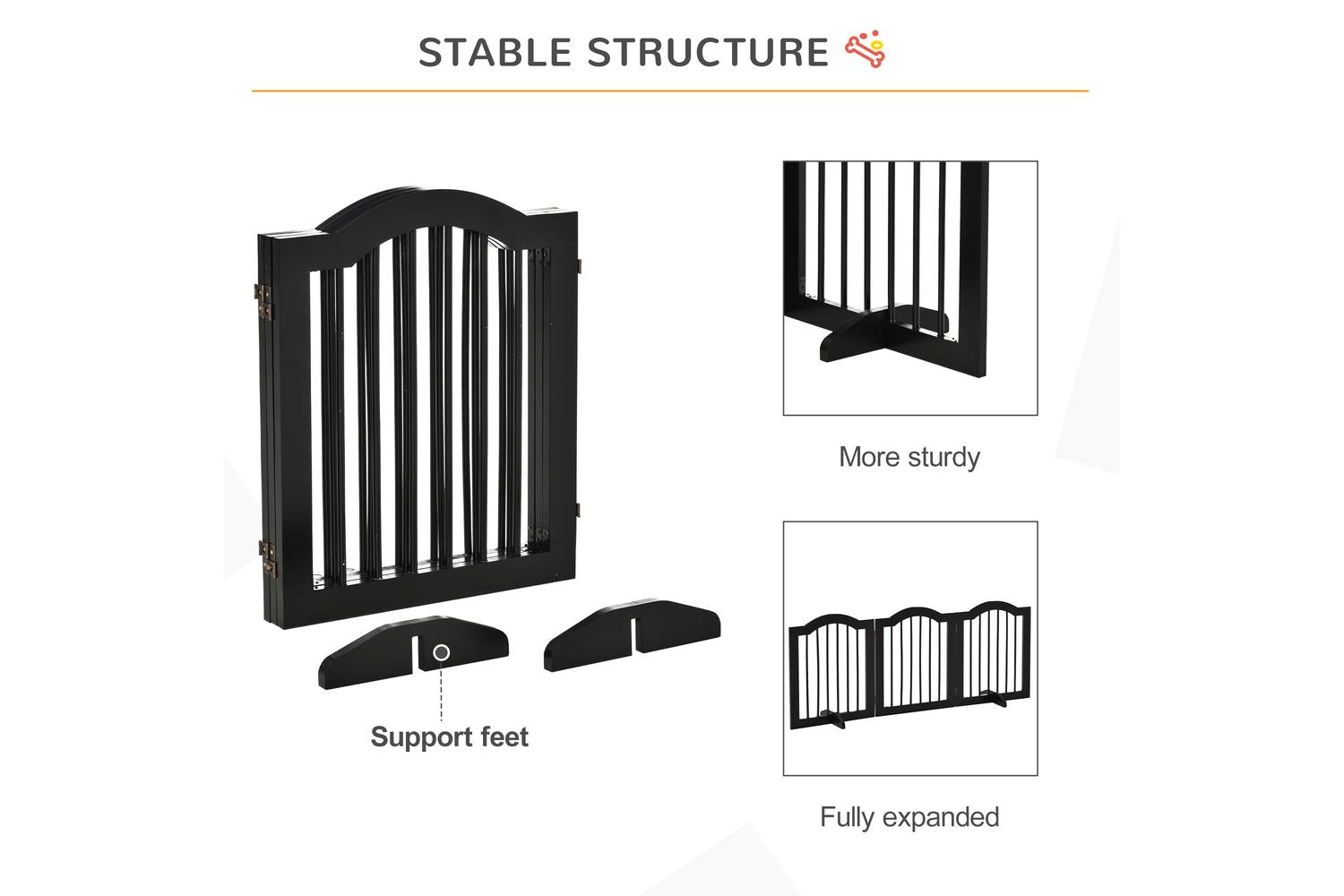PawHut D06-048V01BK Freestanding Wood 3 Panels Dog Gate | Black-6