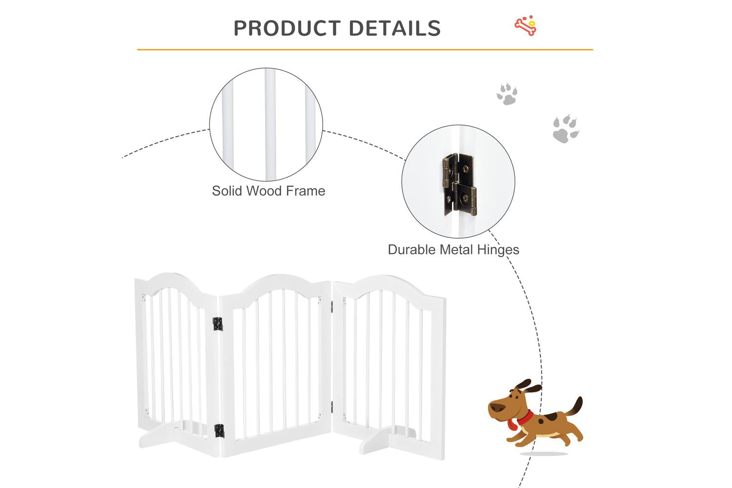 PawHut D06-048V01WT Freestanding Wood 3 Panels Dog Gate | White-5