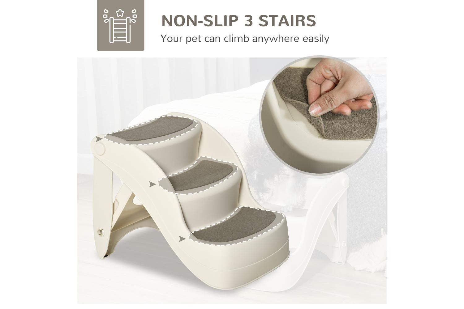 PawHut D06-050V01CW Foldable Pet Stairs with Non-slip Mats | Cream-3