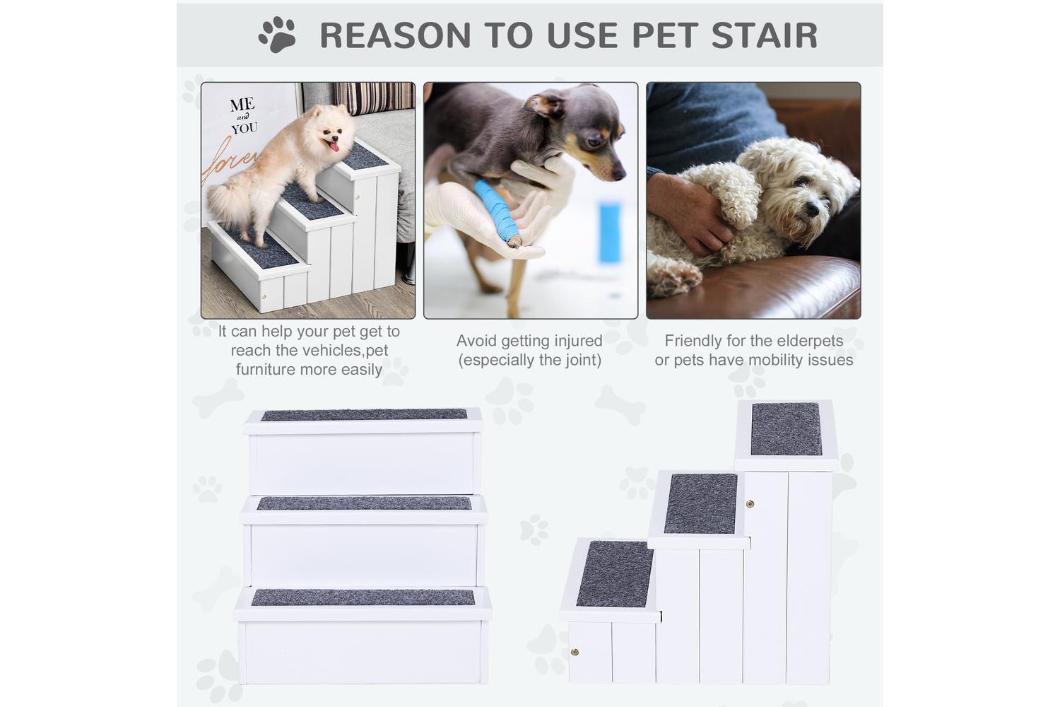 PawHut D06-065WT 3-step Pet Stairs Ramp Wood | White-4