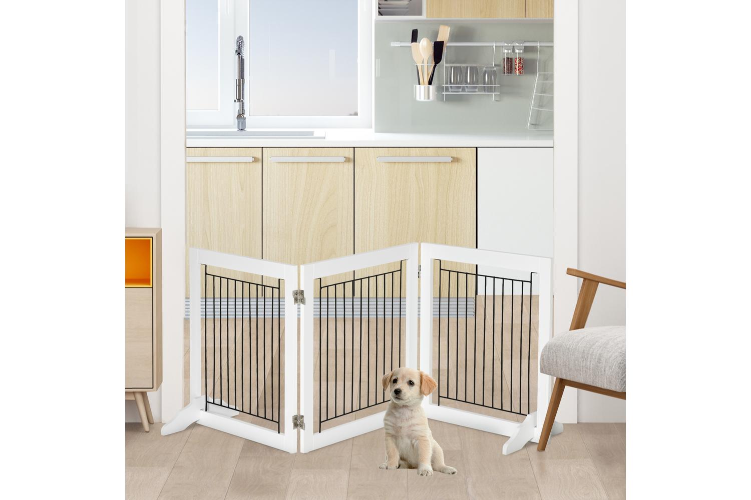 PawHut D06-131 Foldable Pet Gate with Three Panels | White