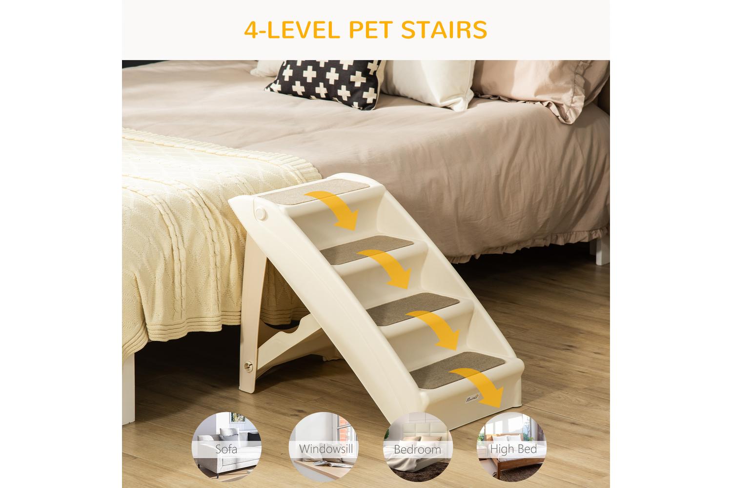 PawHut D06-142BG Foldable Four Step Pet Stairs | Beige-6