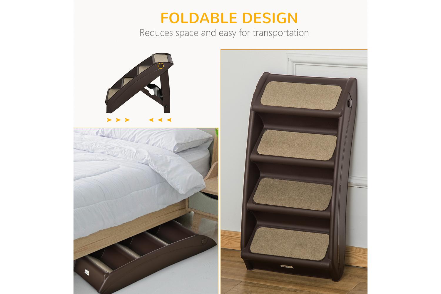 Pawhut D06-142DR Foldable Four-Step Pet Stairs | Brown-3