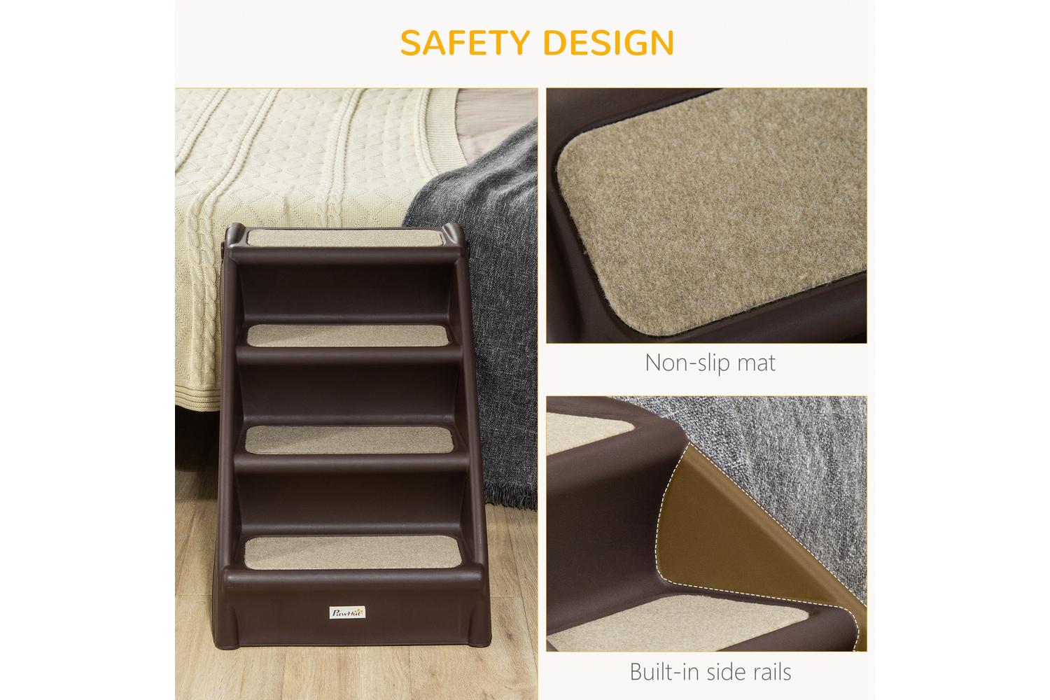 Pawhut D06-142DR Foldable Four-Step Pet Stairs | Brown-4