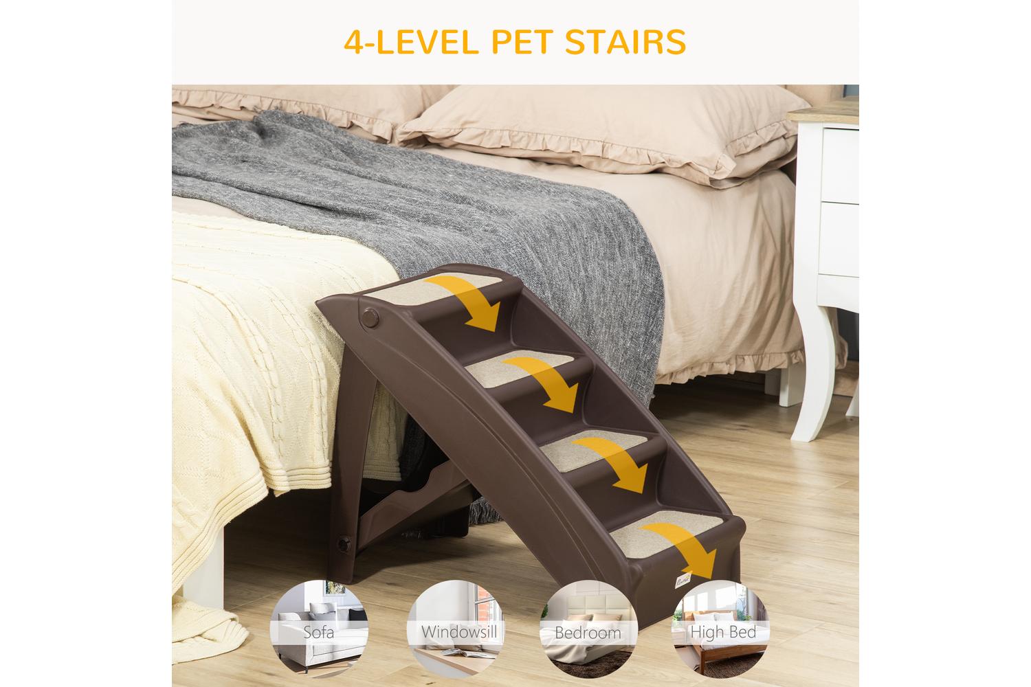 Pawhut D06-142DR Foldable Four-Step Pet Stairs | Brown-6