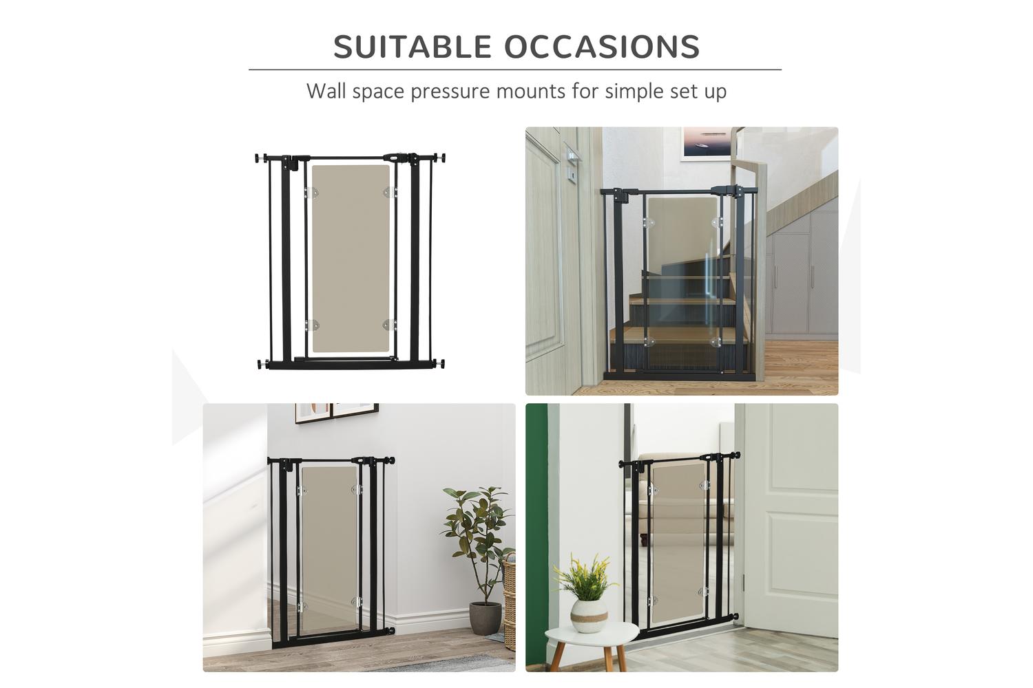 Pawhut D06-147BK Pressure Fit Pet Safety Gate with Double Locking & Auto-Close | Black-6