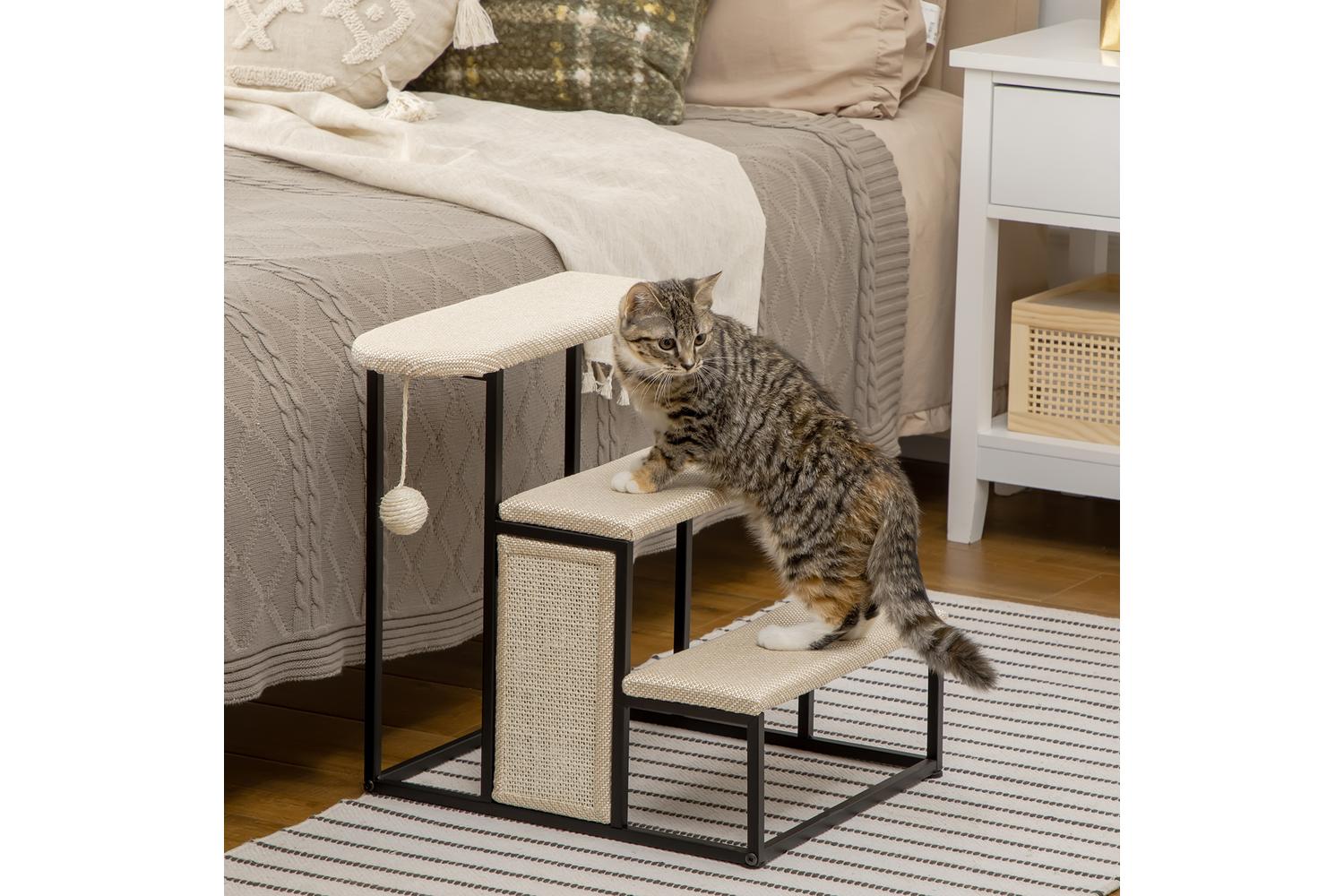 PawHut D06-156V00CW Three-Step Pet Stairs | Cream