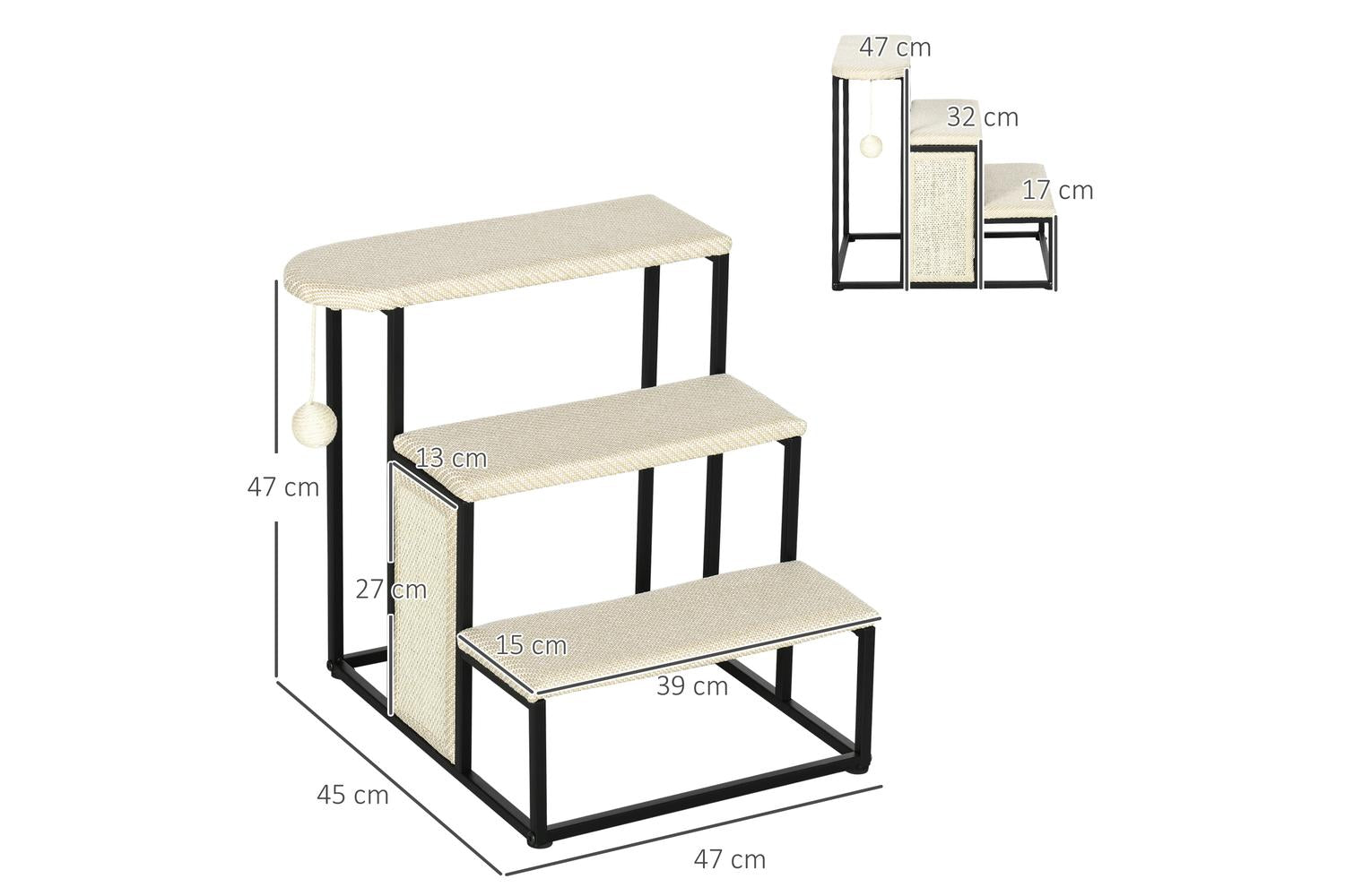 PawHut D06-156V00CW Three-Step Pet Stairs | Cream-2