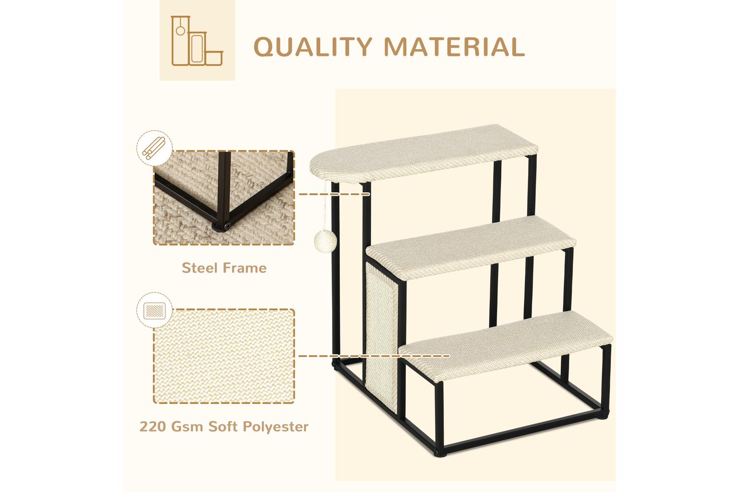 PawHut D06-156V00CW Three-Step Pet Stairs | Cream-3