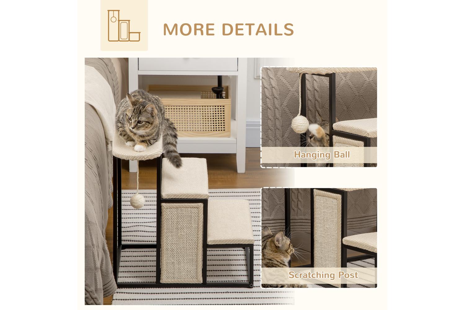 PawHut D06-156V00CW Three-Step Pet Stairs | Cream-4